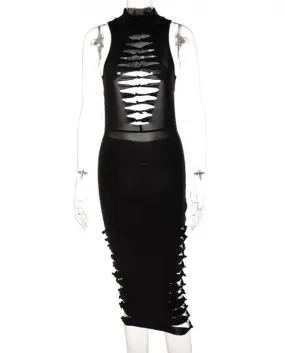Hirigin Solido Dolcevita Senza Maniche Scava Fuori Distressed Maxi Sera